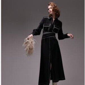 Topshop contrast stich belted midi shirt dress with step hem in black
